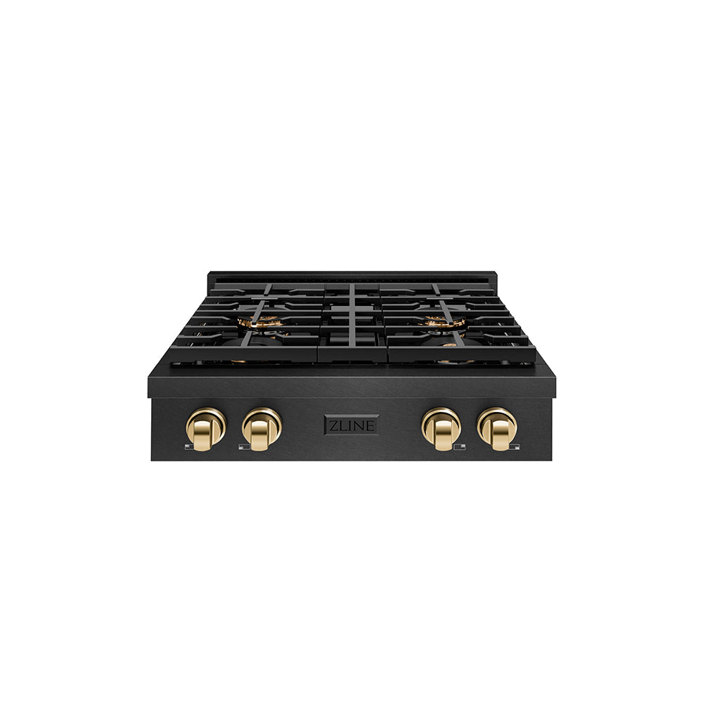 ZLINE Autograph Edition Paramount 30-inch rangetop in black satin stainless steel and polished gold accents PSRTBSZ-30-G, front view