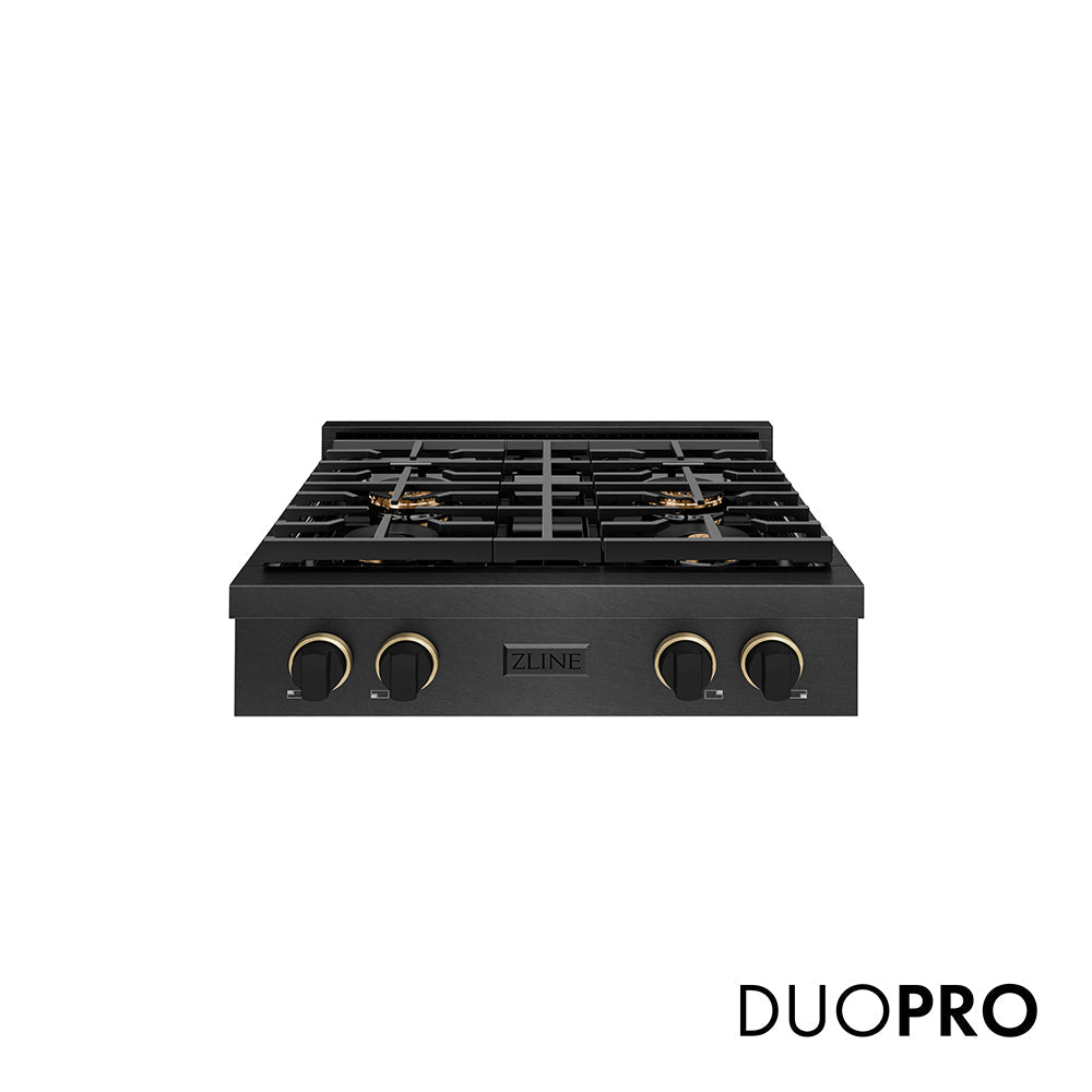 ZLINE Paramount 30-inch rangetop in black satin stainless steel and matte black and champagne bronze accents PSRTBSZ-30-MBCB