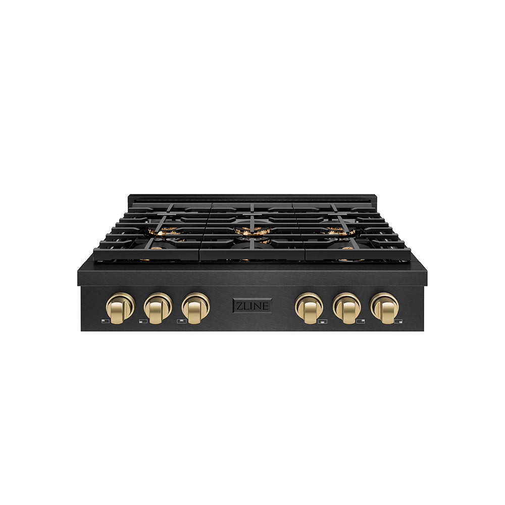 ZLINE Autograph Edition Paramount 36-inch rangetop in black satin stainless steel and champagne bronze accents PSRTBSZ-36-CB, front view