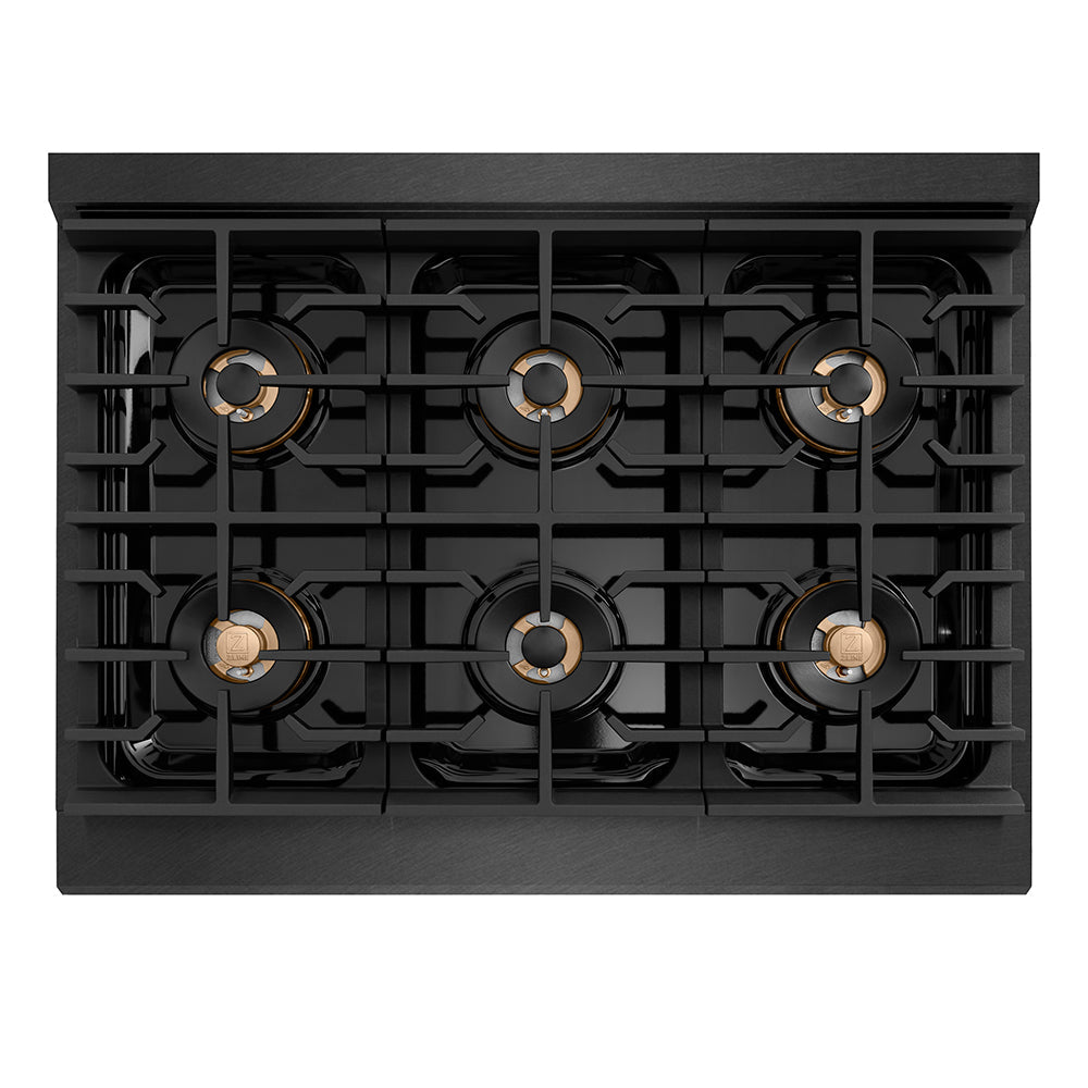 ZLINE Autograph Edition Paramount 36-inch rangetop in black satin stainless steel and champagne bronze accents PSRTBSZ-36-CB, from above