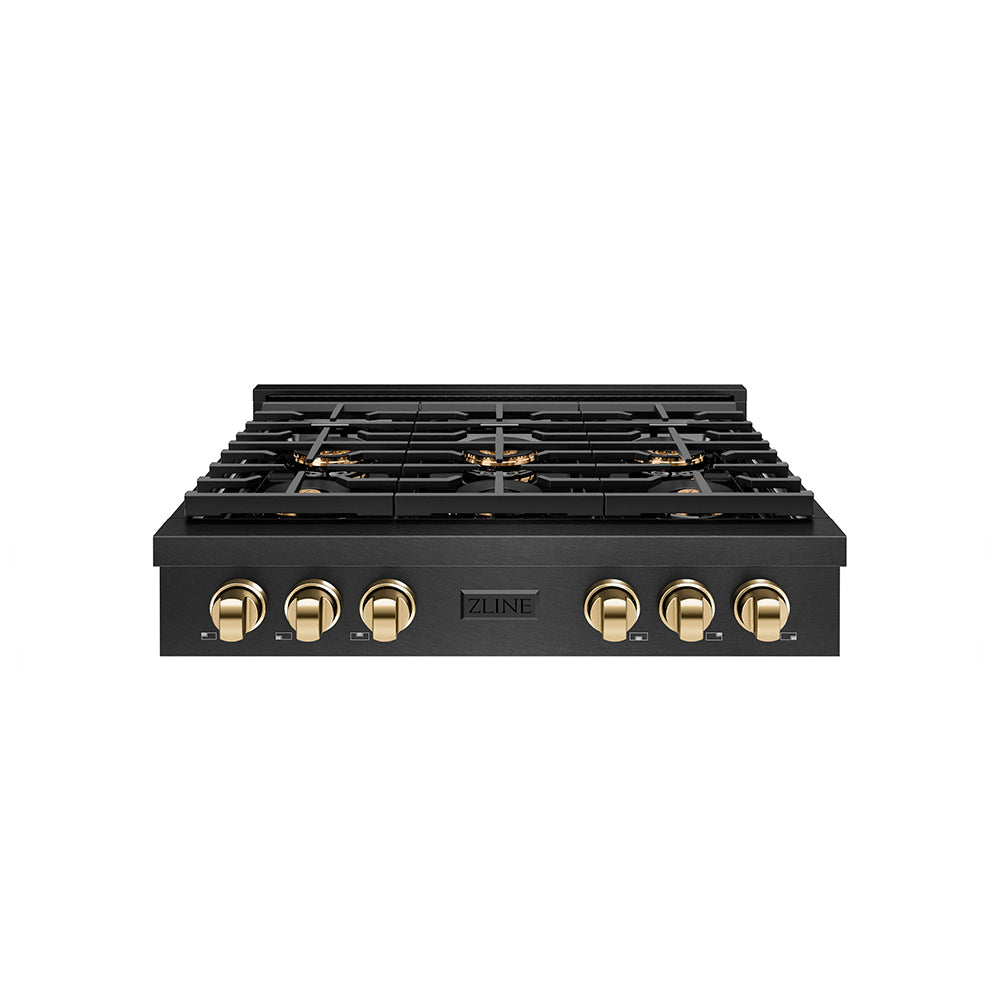 ZLINE Autograph Edition Paramount 36-inch rangetop in black satin stainless steel and polished gold accents PSRTBSZ-36-G, front view