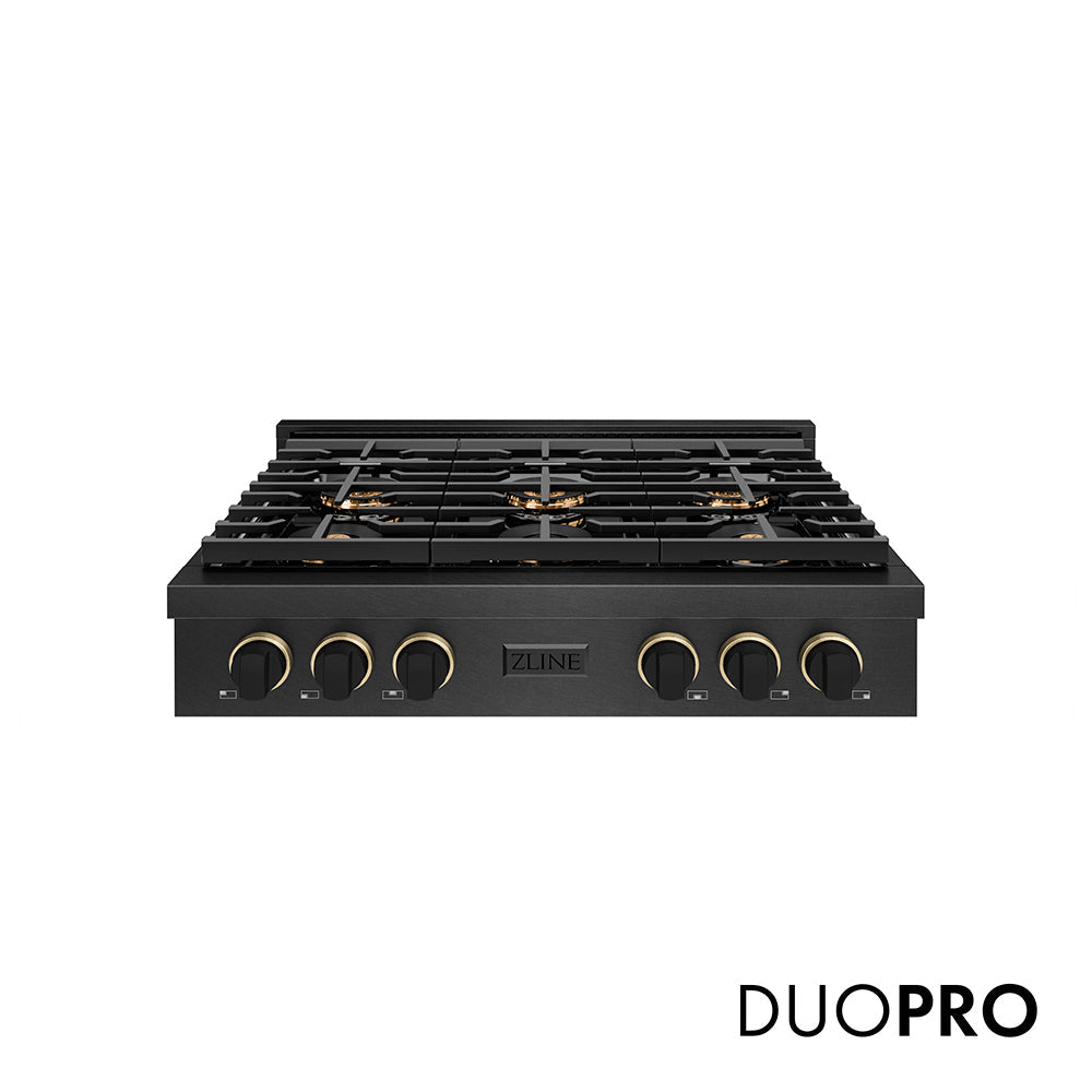 ZLINE Paramount 36-inch rangetop in black satin stainless steel and matte black and champagne bronze accents PSRTBSZ-36-MBCB