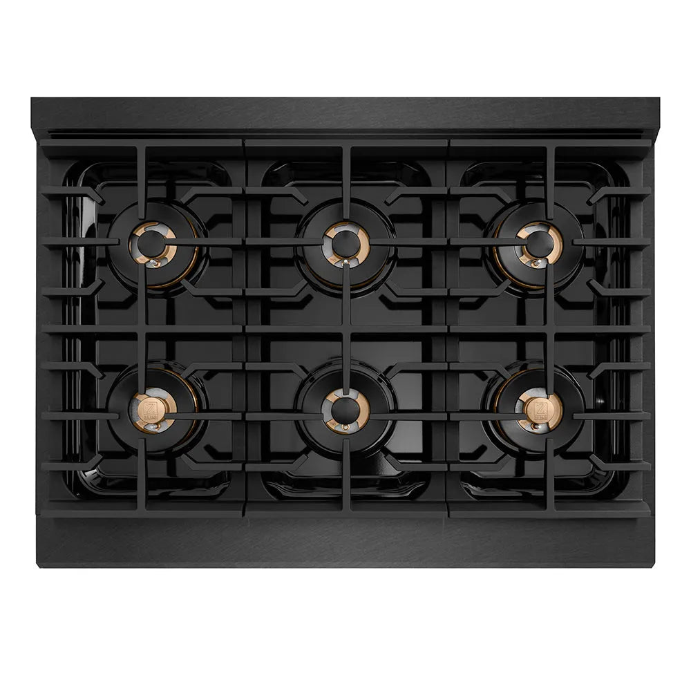 ZLINE Paramount 36-inch rangetop in black satin stainless steel and matte black and champagne bronze accents PSRTBSZ-36-MBCB, from above