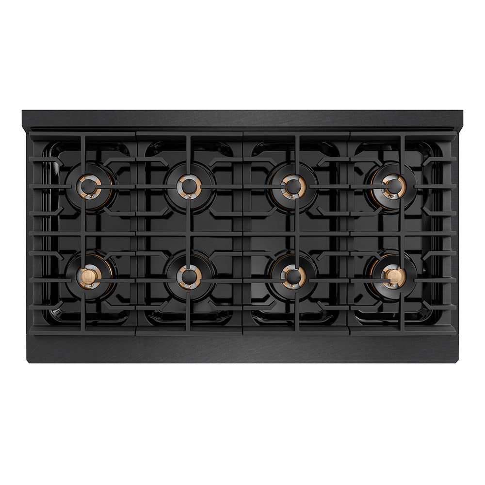 ZLINE Autograph Edition Paramount 48-inch rangetop in black satin stainless steel and champagne bronze accents PSRTBSZ-48-CB, from above