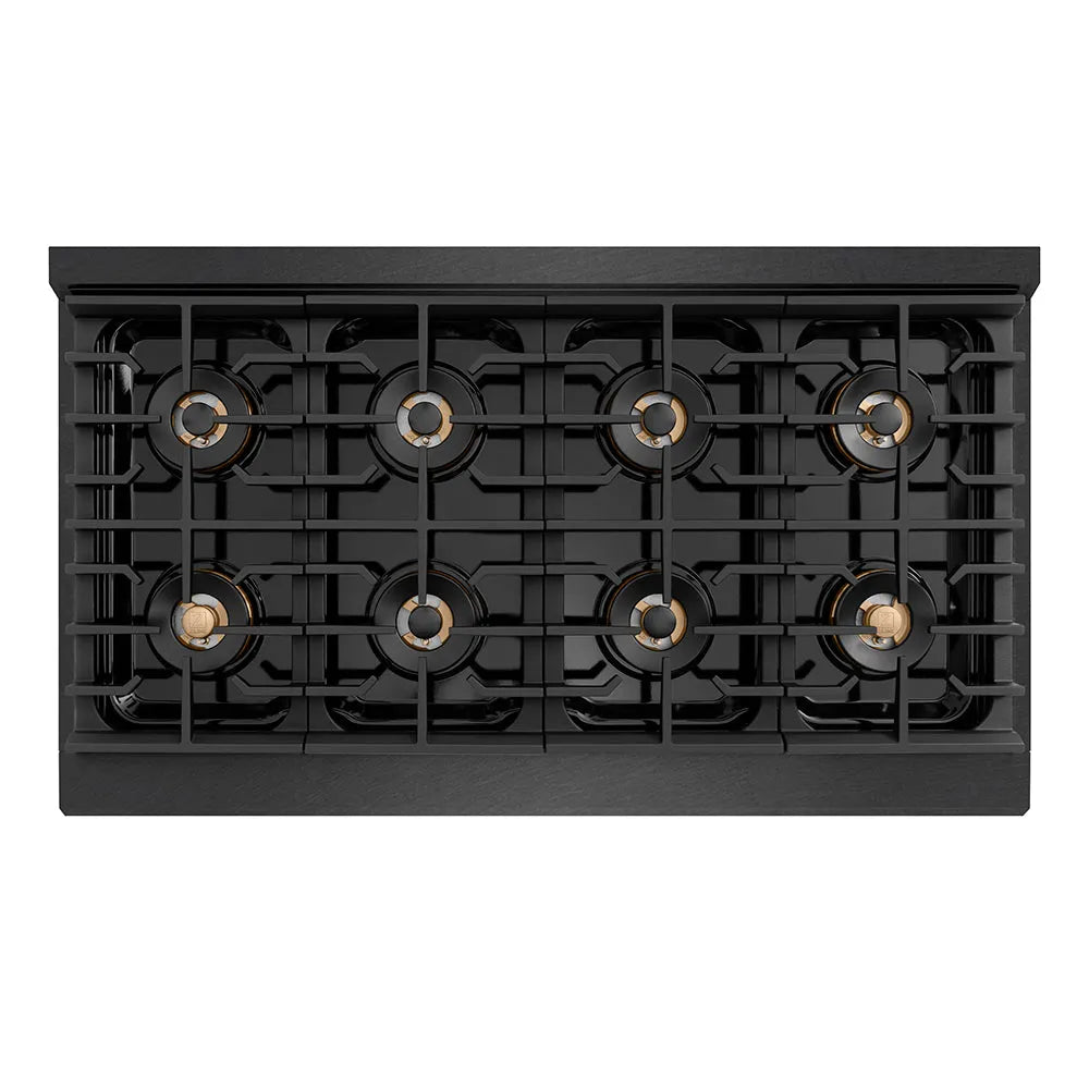 ZLINE Autograph Edition Paramount 48-inch rangetop in black satin stainless steel and polished gold accents PSRTBSZ-48-G, from above