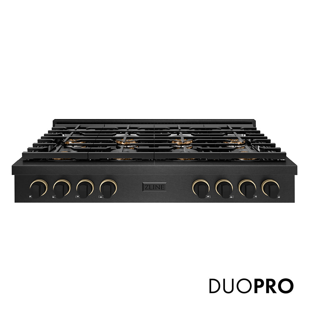 ZLINE Paramount 48-inch rangetop in black satin stainless steel and matte black and champagne bronze accents PSRTBSZ-48-MBCB