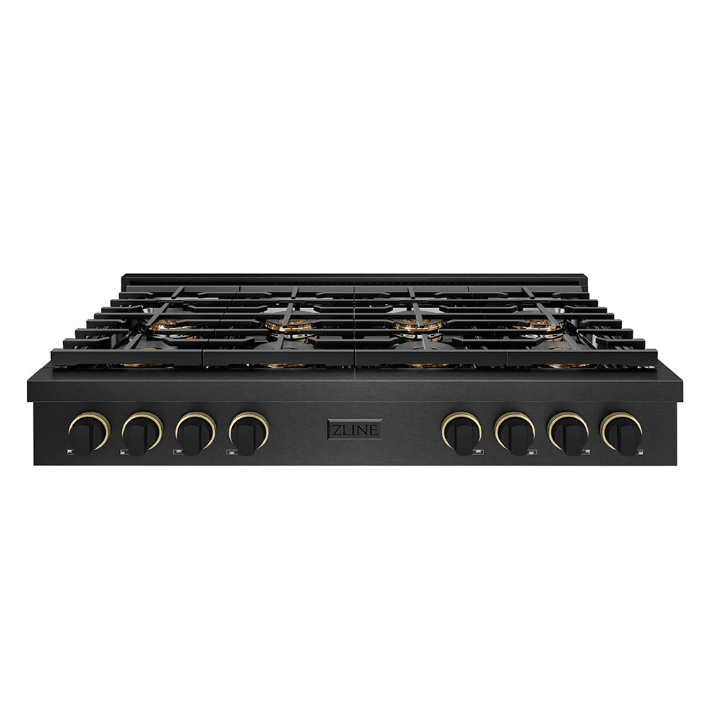 ZLINE Paramount 48-inch rangetop in black satin stainless steel and matte black and champagne bronze accents PSRTBSZ-48-MBCB, front view
