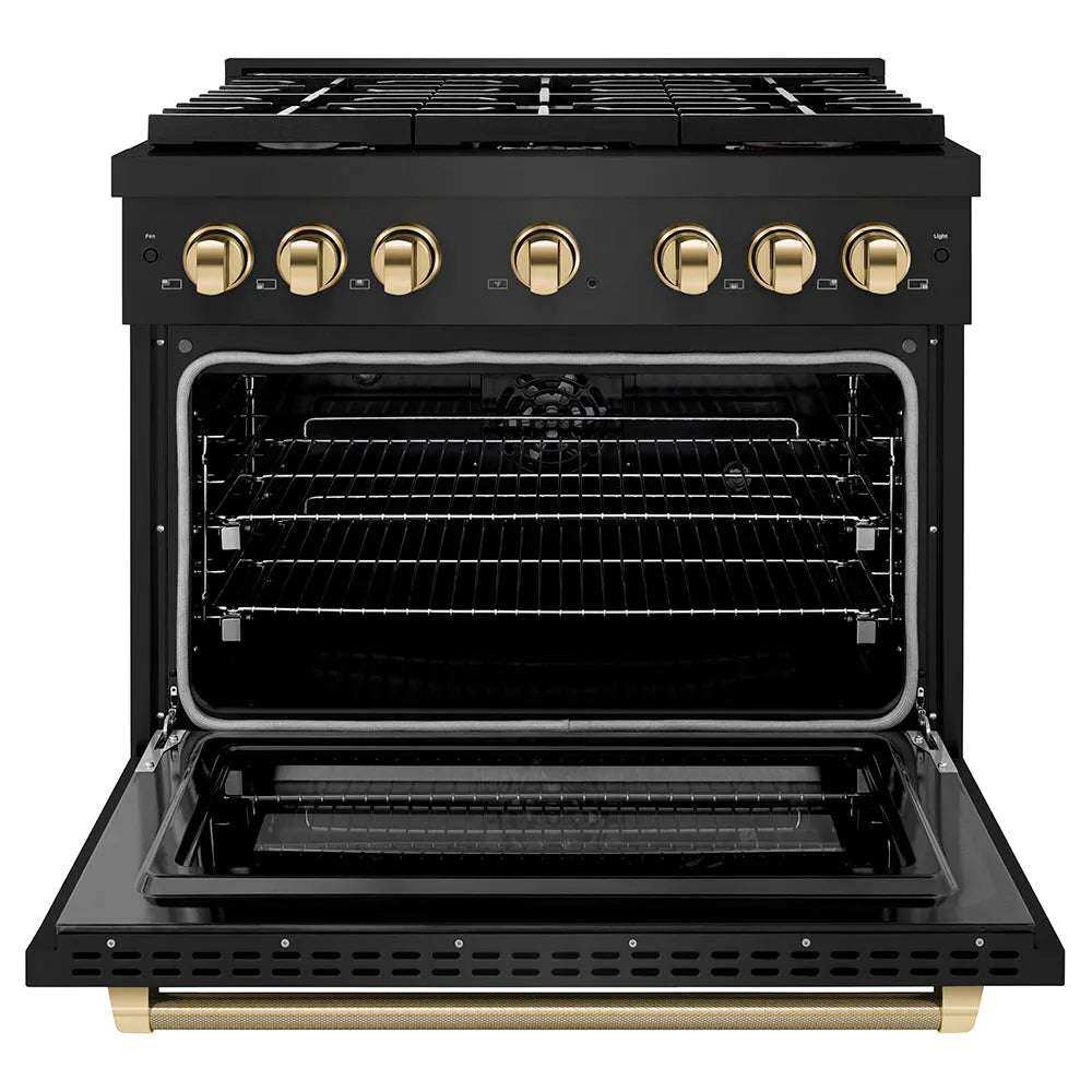 ZLINE Autograph Edition Paramount 36-inch range in black stainless steel and polished gold accents SDRBZ-36-KG, front view