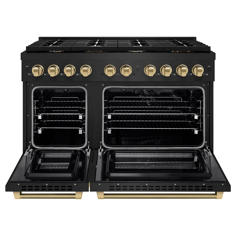 ZLINE Autograph Edition Paramount 48-inch range in black stainless steel and champagne bronze accents SDRBZ-48-KCB, front view