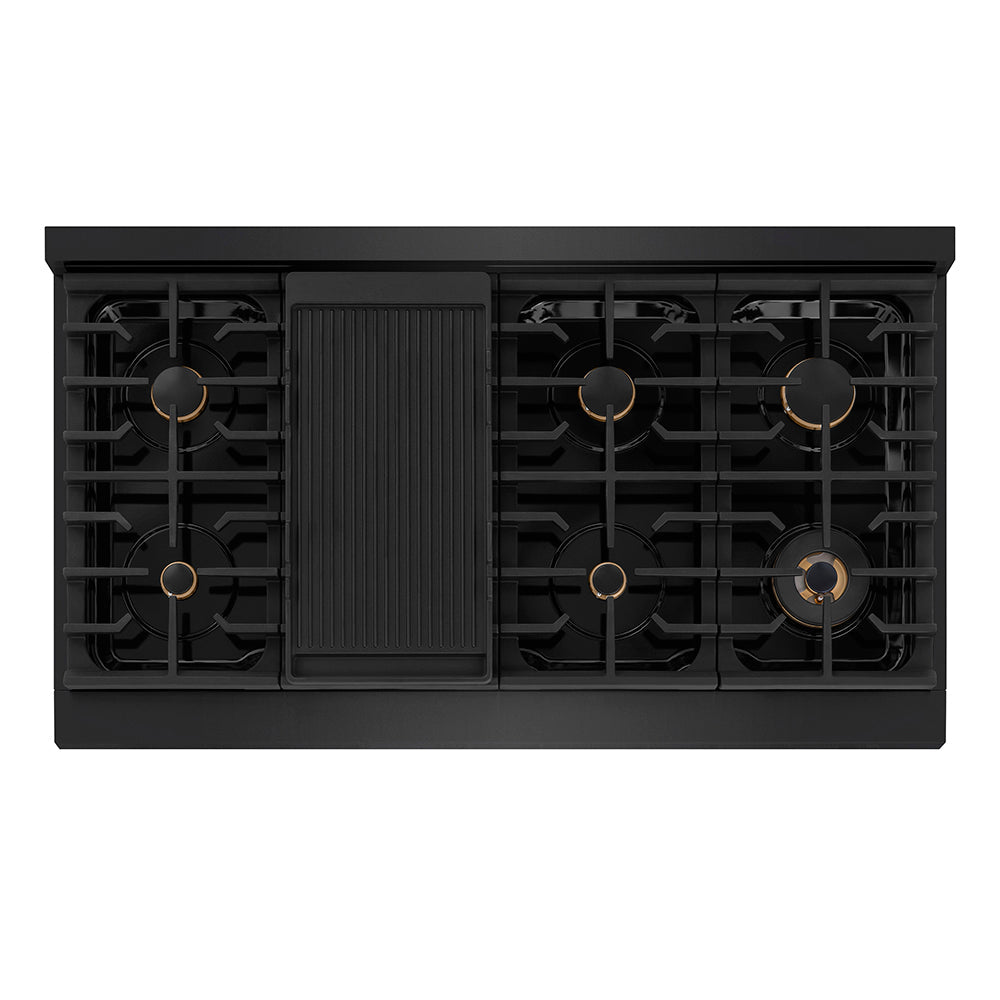 ZLINE Autograph Edition Paramount 48-inch range in black stainless steel and polished gold accents SDRBZ-48-KG, from above