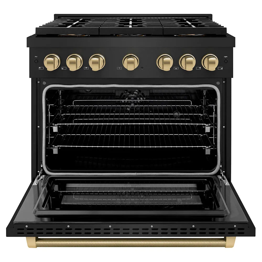 ZLINE Autograph Edition Paramount 36-inch range in black stainless steel and champagne bronze accents PSDRBZ-36-KCB, front view