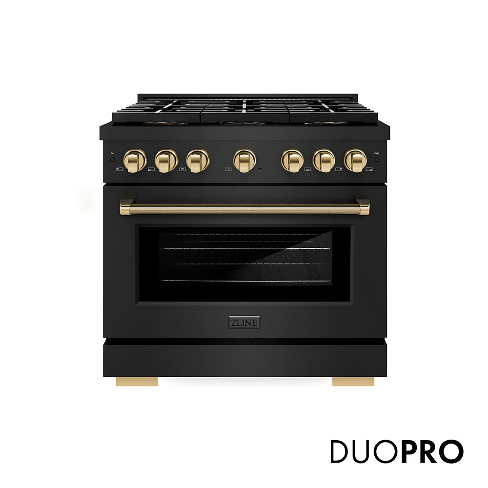 ZLINE Autograph Edition Paramount 36-inch range in black stainless steel and polished gold accents PSDRBZ-36-KG