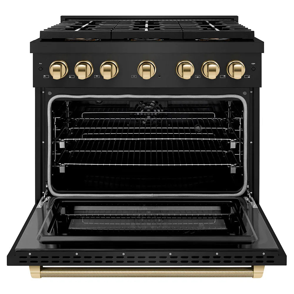ZLINE Autograph Edition Paramount 36-inch range in black stainless steel and polished gold accents PSDRBZ-36-KG, front view