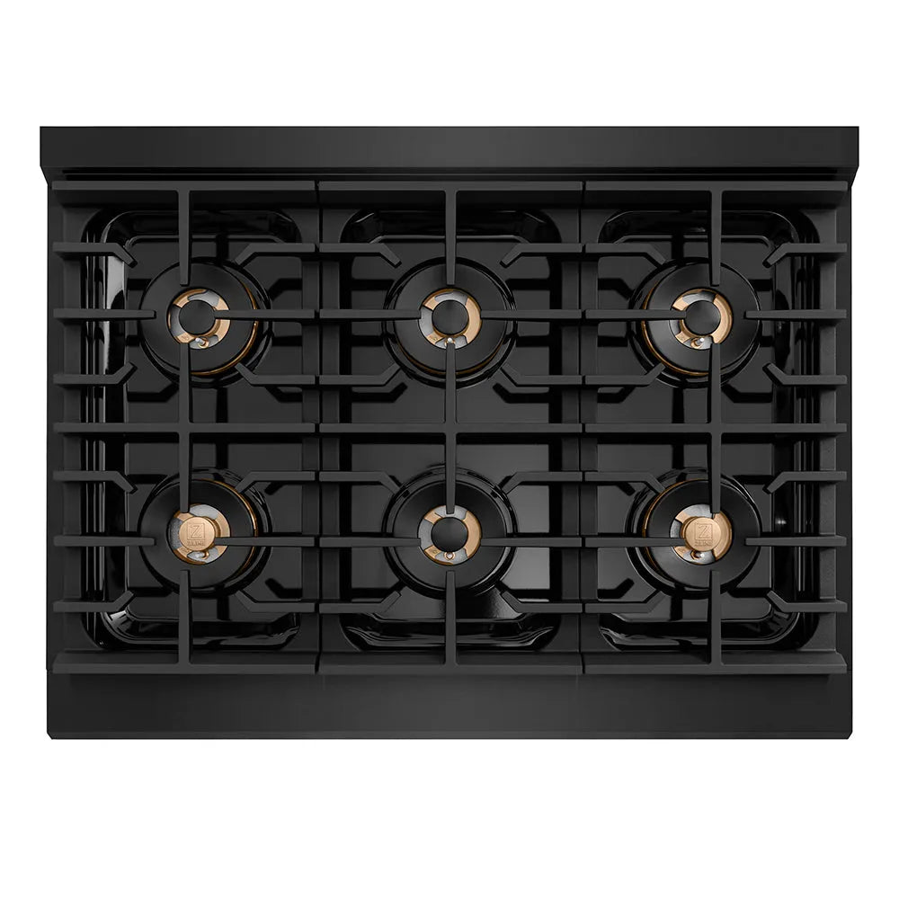 ZLINE Autograph Edition Paramount 36-inch range in black stainless steel and polished gold accents PSDRBZ-36-KG, from above