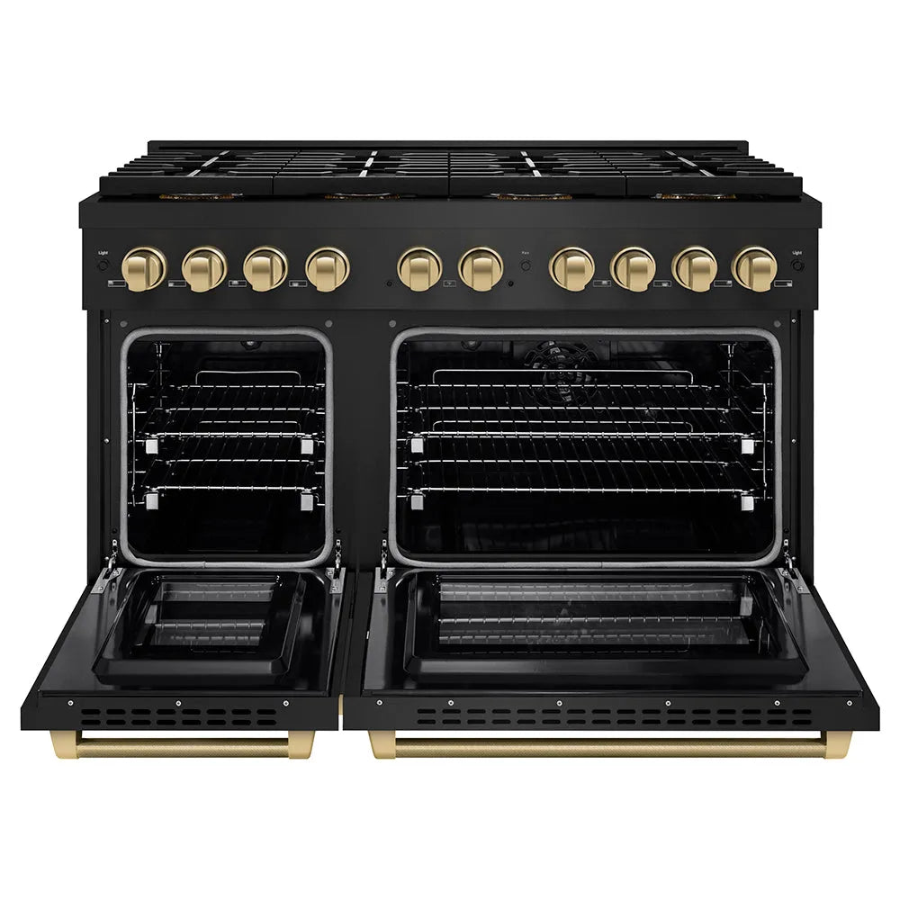ZLINE Autograph Edition Paramount 48-inch range in black stainless steel and champagne bronze accents PSDRBZ-48-KCB, front view