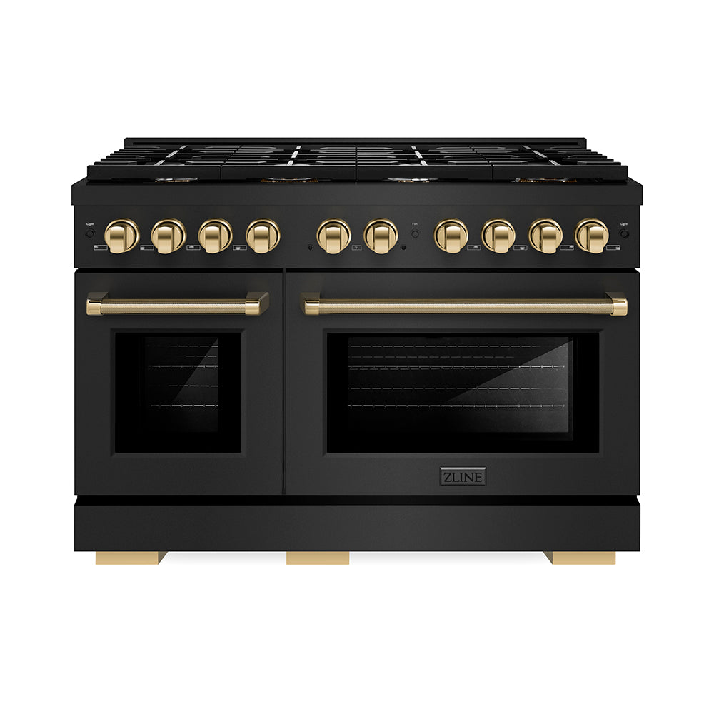 ZLINE Autograph Edition Paramount 48-inch range in black stainless steel and polished gold accents PSDRBZ-48-KG, front view