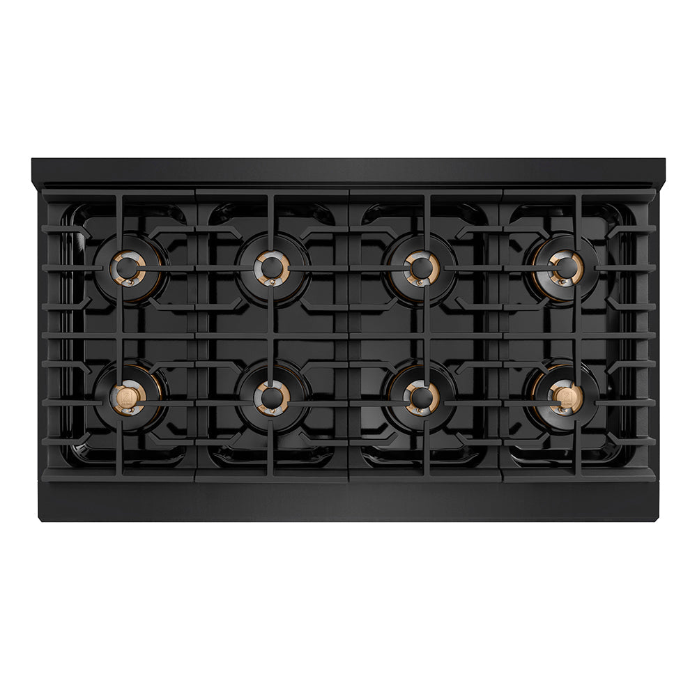 ZLINE Autograph Edition Paramount 48-inch range in black stainless steel and polished gold accents PSDRBZ-48-KG, from above