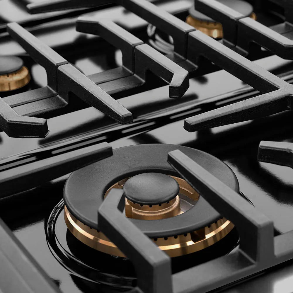 ZLINE Autograph Edition Paramount 48-inch range in black stainless steel and polished gold accents SGRBZ-48-KG, detail