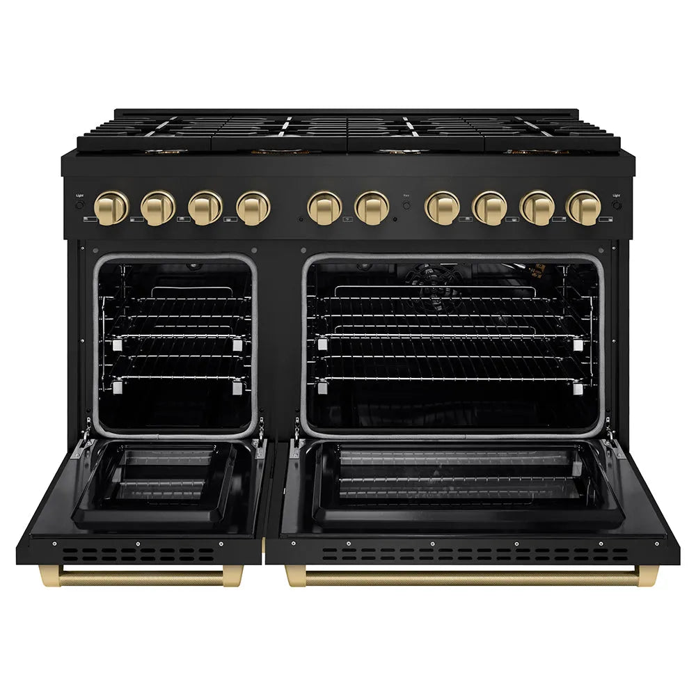 ZLINE Autograph Edition Paramount 48-inch range in black stainless steel and champagne bronze accents SGRBZ-48-KCB, front view