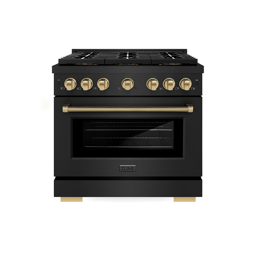 ZLINE Autograph Edition Paramount 36-inch range in black stainless steel and champagne bronze accents PSGRBZ-36-KCB, front view