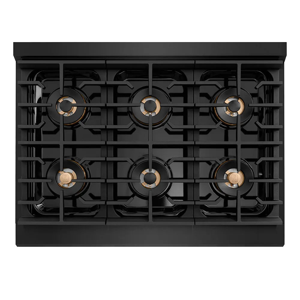 ZLINE Autograph Edition Paramount 36-inch range in black stainless steel and champagne bronze accents PSGRBZ-36-KCB, from above