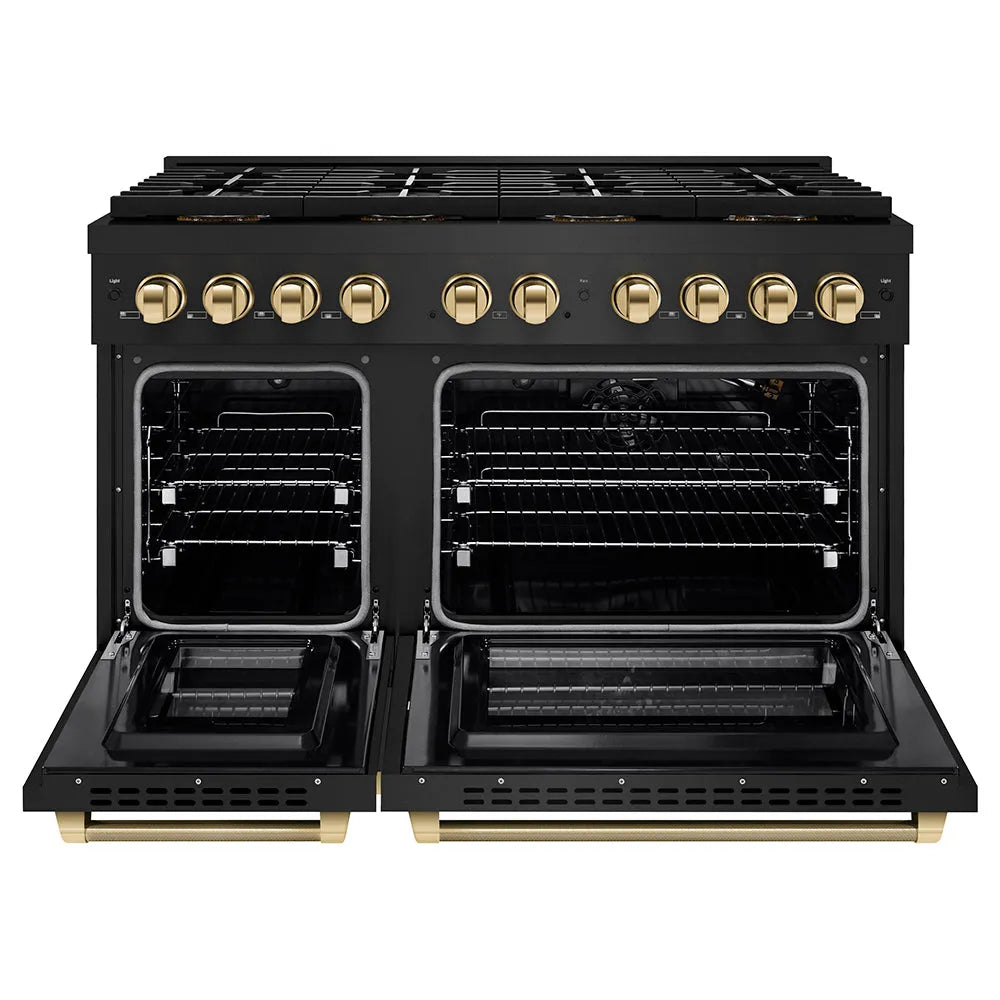 ZLINE Autograph Edition Paramount 48-inch range in black stainless steel and polished gold accents PSGRBZ-48-KG, front view