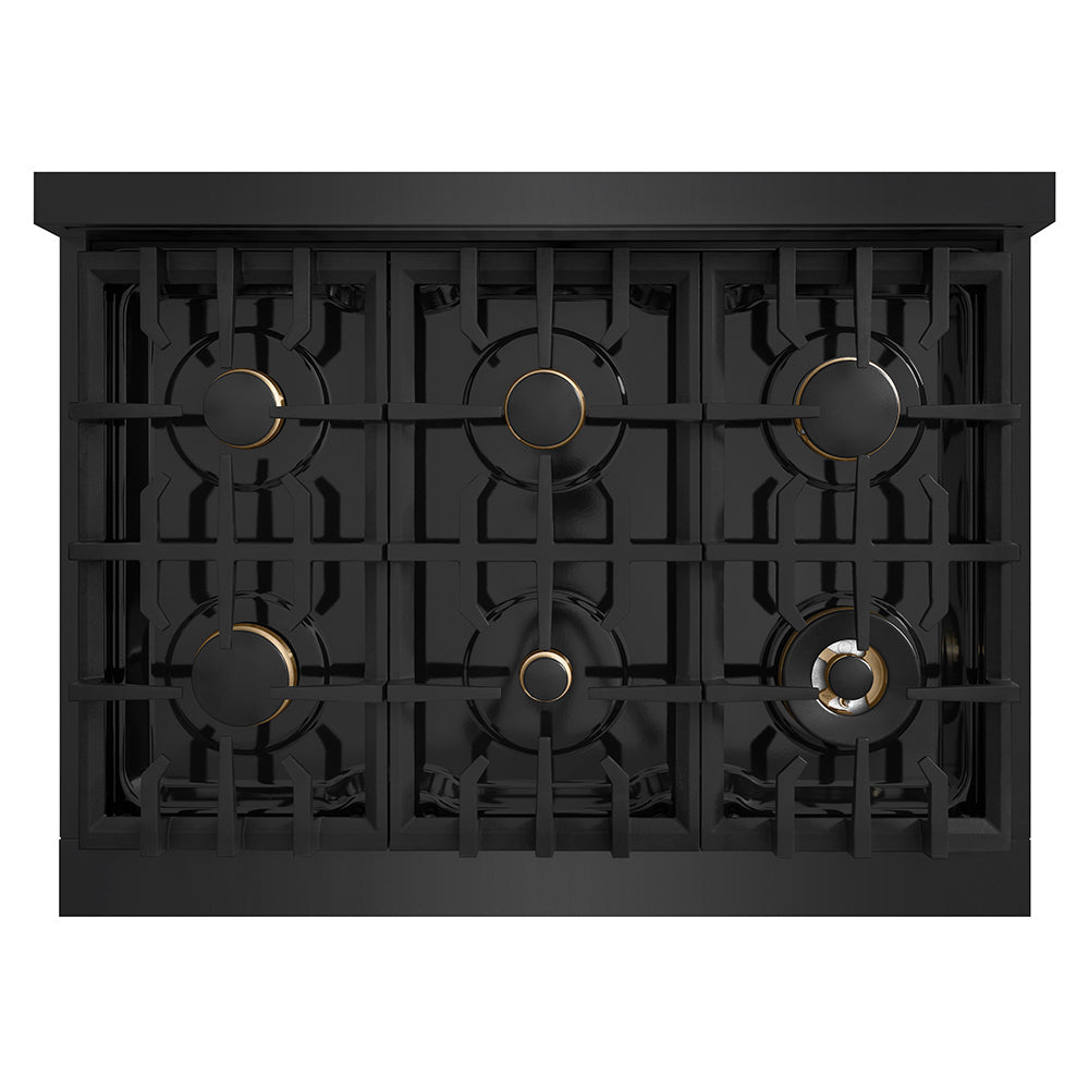 ZLINE Autograph Edition Classic 36-inch rangetop in black stainless steel and champagne bronze accents RTBZ-36-CB, from above