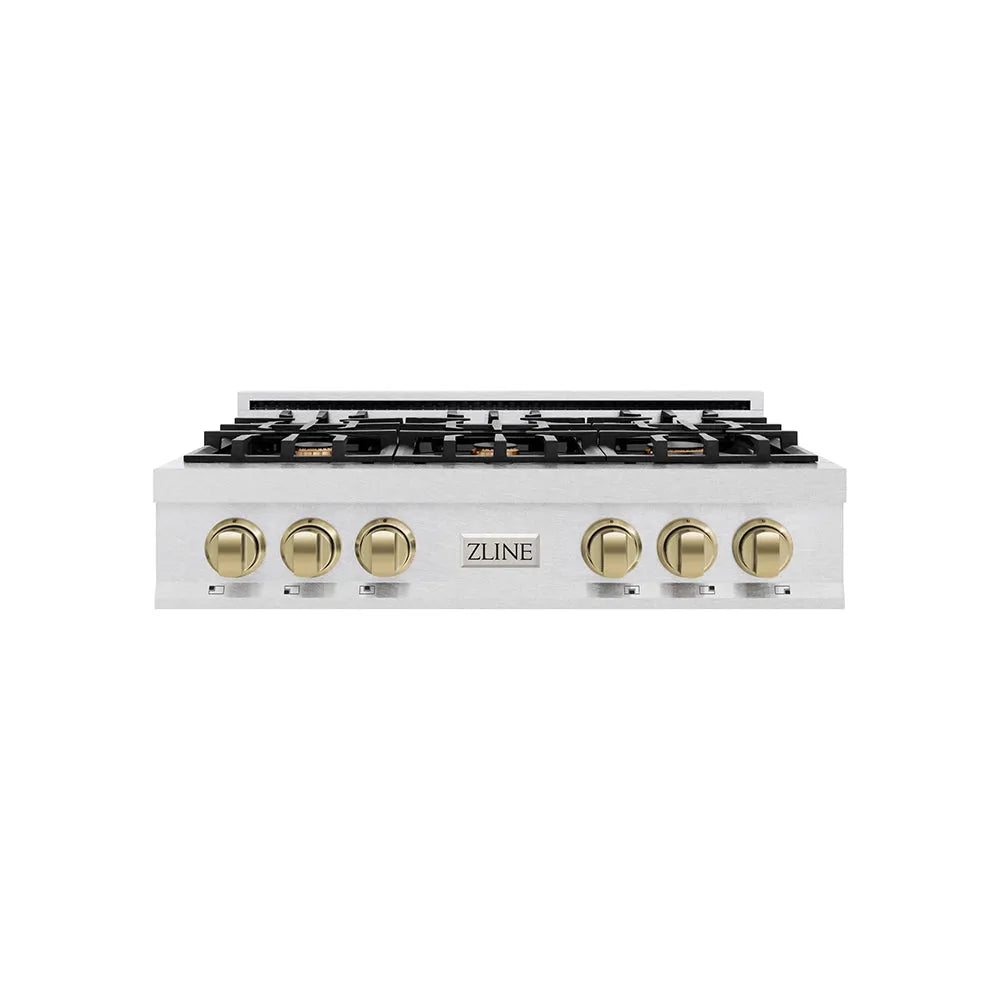 ZLINE Autograph Edition Classic 36-inch rangetop in satin stainless steel and champagne bronze accents RTSZ-36-CB