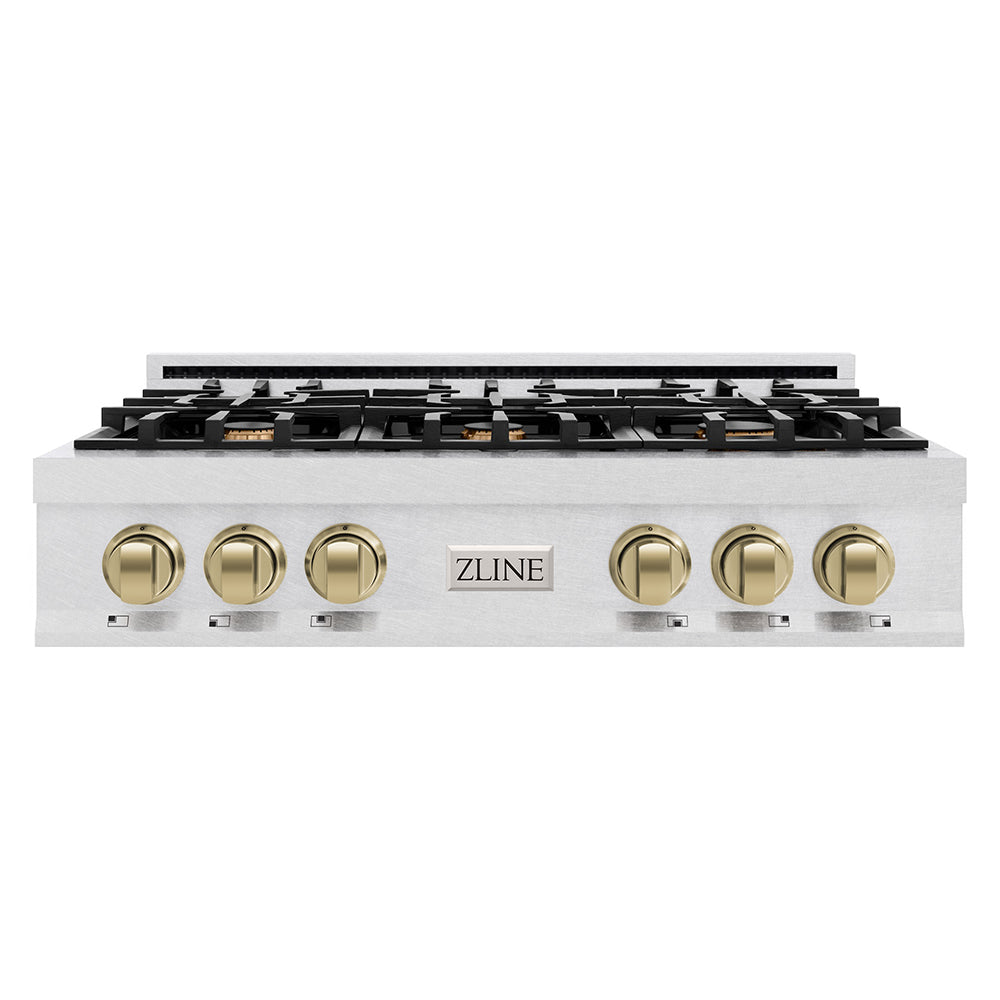 ZLINE Autograph Edition Classic 36-inch rangetop in satin stainless steel and champagne bronze accents RTSZ-36-CB, front view