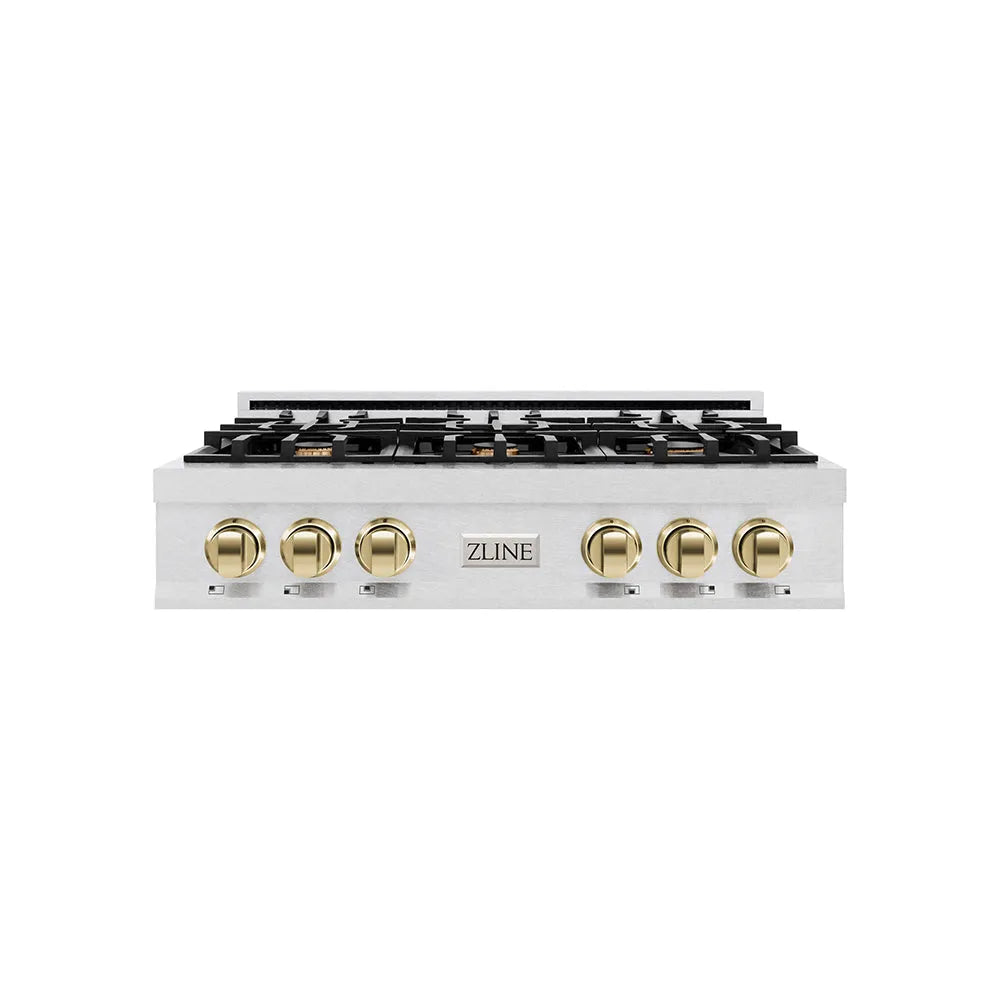 ZLINE Autograph Edition Classic 36-inch rangetop in satin stainless steel and polished gold accents RTSZ-36-G