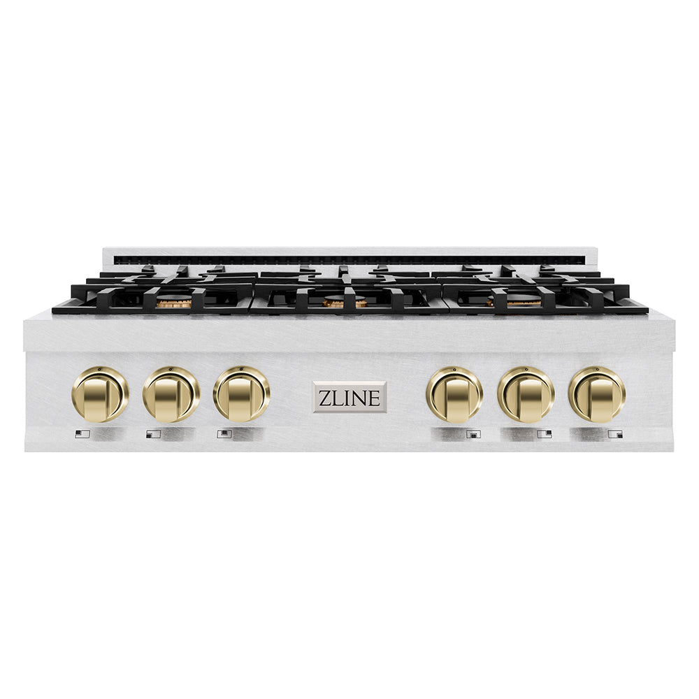 ZLINE Autograph Edition Classic 36-inch rangetop in satin stainless steel and polished gold accents RTSZ-36-G, front view