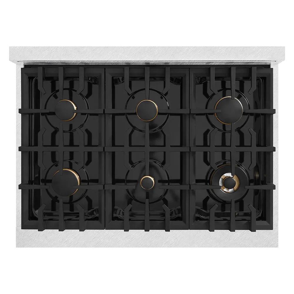 ZLINE Autograph Edition Classic 36-inch rangetop in satin stainless steel and matte black accents RTSZ-36-MB, from above