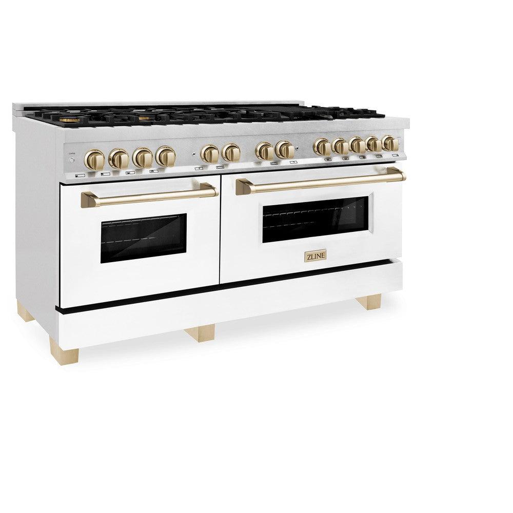 ZLINE Autograph Edition Legacy 60-inch range in stainless steel with white matte door and polished gold accents RAZ-WM-60-G, view 4