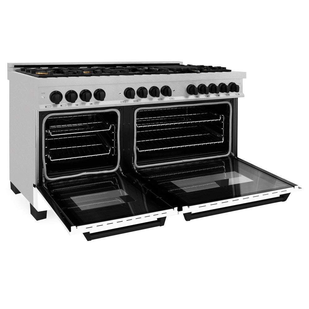 ZLINE Autograph Edition Legacy 60-inch range in stainless steel with white matte door and matte black accents RAZ-WM-60-MB, door open
