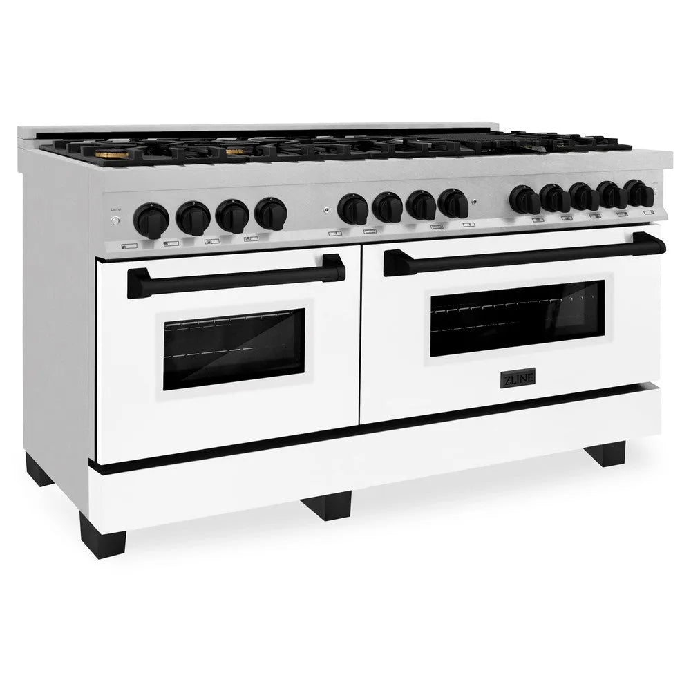 ZLINE Autograph Edition Legacy 60-inch range in stainless steel with white matte door and matte black accents RAZ-WM-60-MB