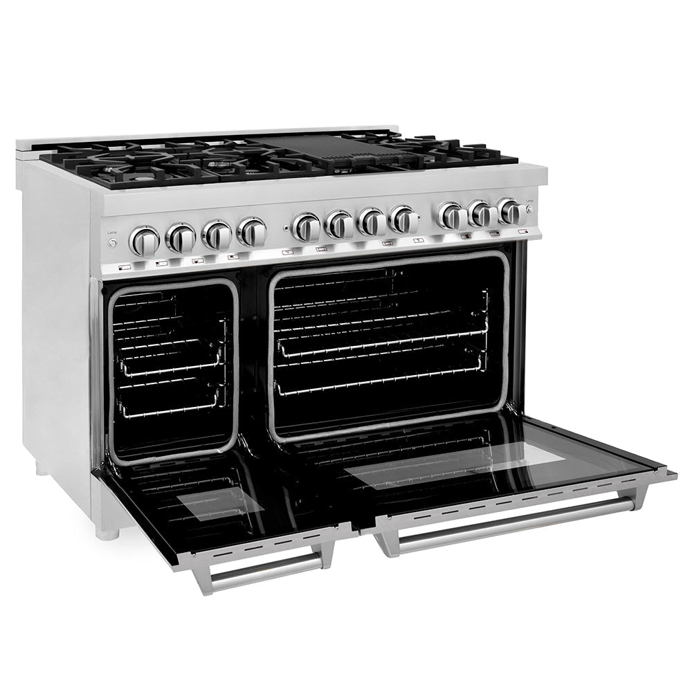 ZLINE Legacy 48-inch range in stainless steel with satin stainless steel door RA-SN-48, door open