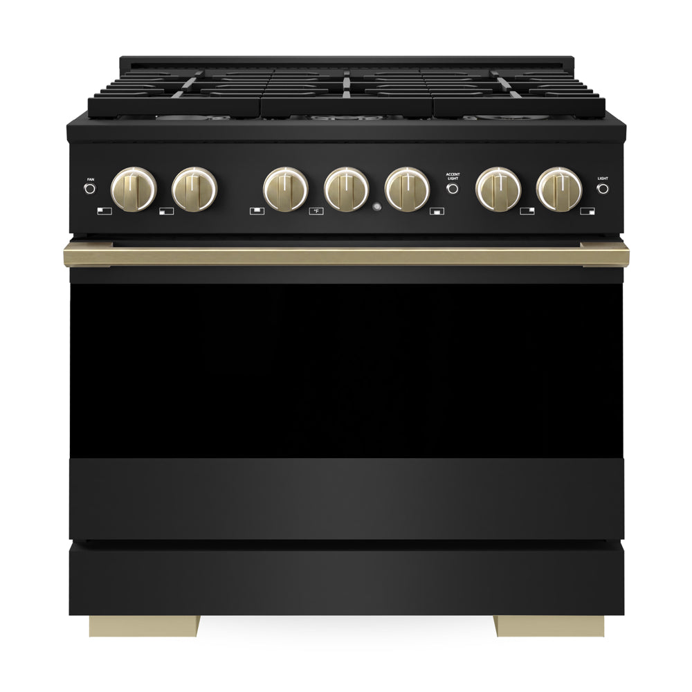 ZLINE Autograph Edition Marino 36-inch range in black stainless steel and champagne bronze accents MDRBZ-36-CB, front view