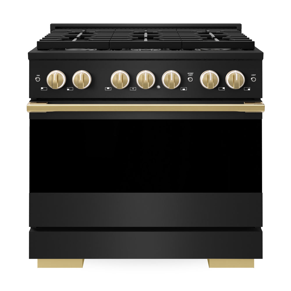 ZLINE Autograph Edition Marino 36-inch range in black stainless steel and polished gold accents MDRBZ-36-G, front view