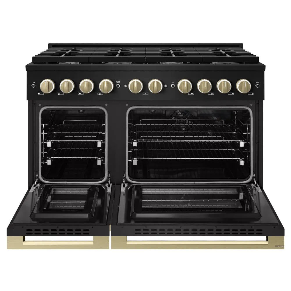 ZLINE Autograph Edition Marino 48-inch range in black stainless steel and champagne bronze accents MDRBZ-48-CB, front view
