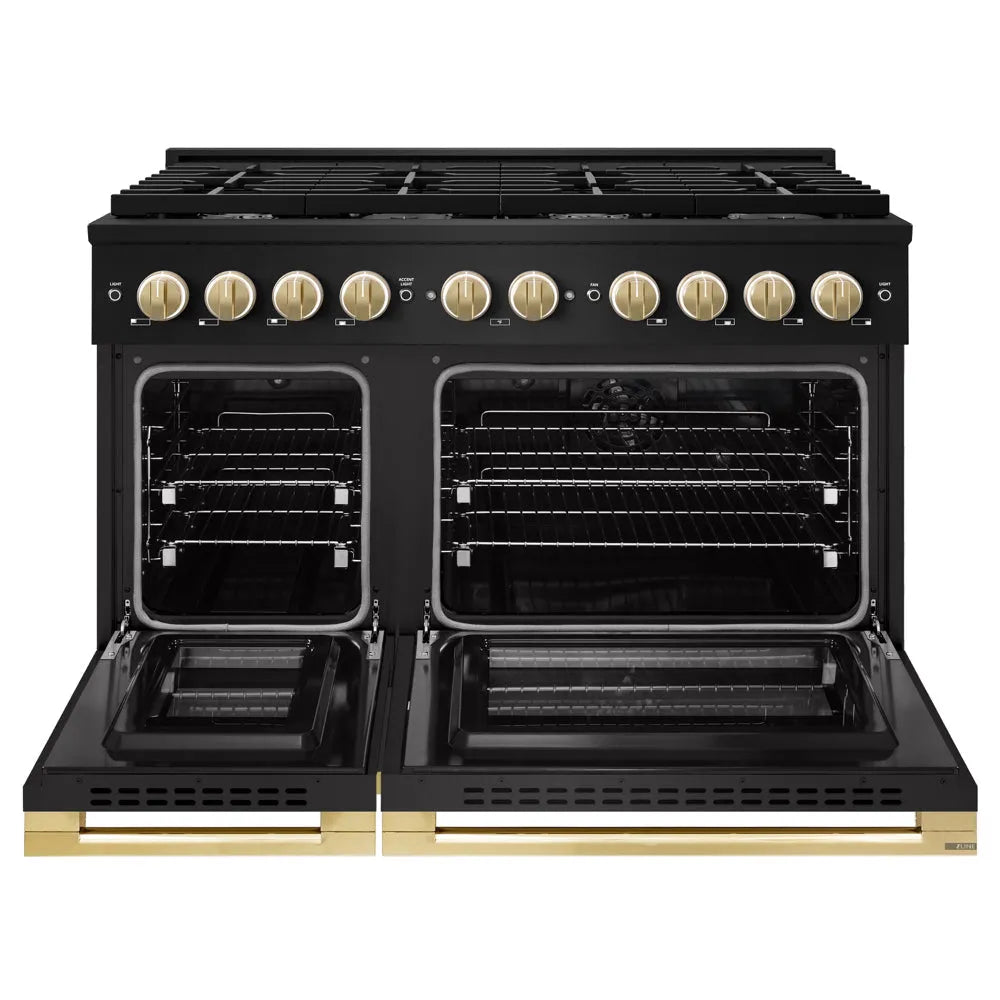 ZLINE Autograph Edition Marino 48-inch range in black stainless steel and polished gold accents MDRBZ-48-G, front view