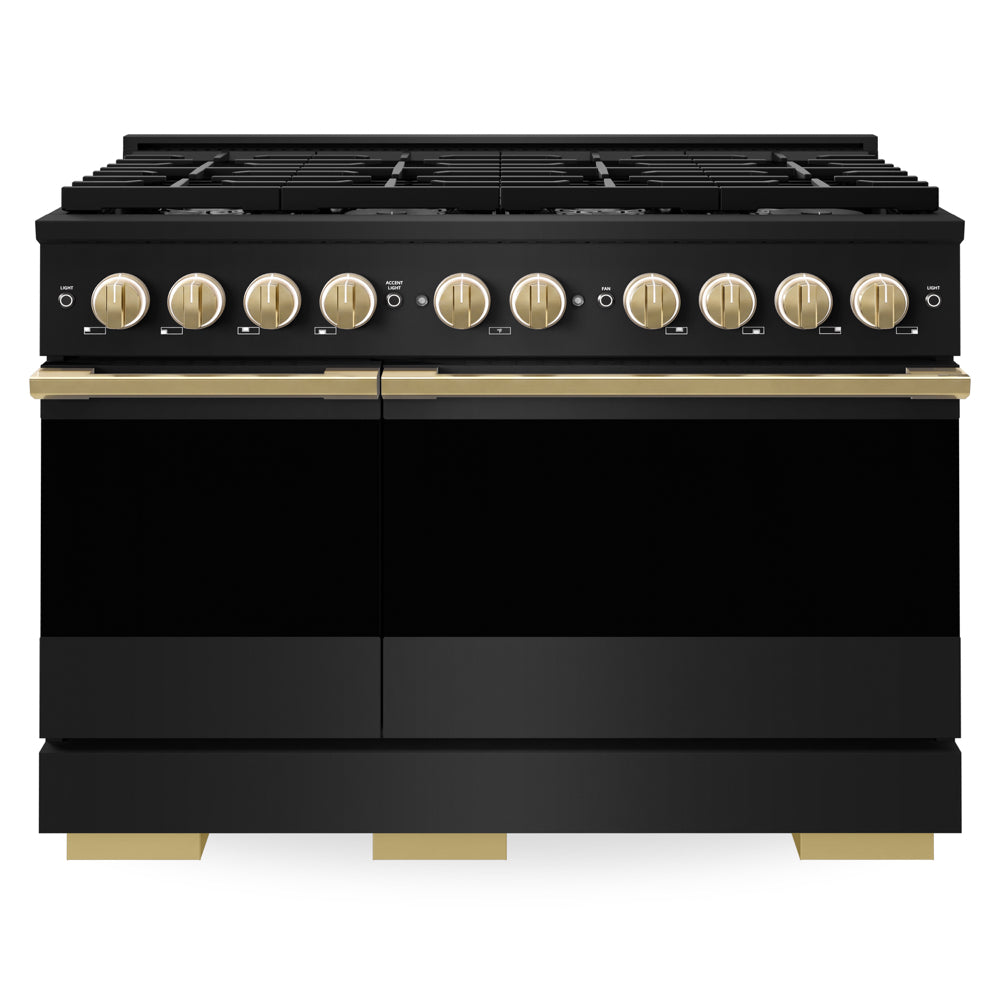 ZLINE Autograph Edition Marino 48-inch range in black stainless steel and polished gold accents MDRBZ-48-G, front view
