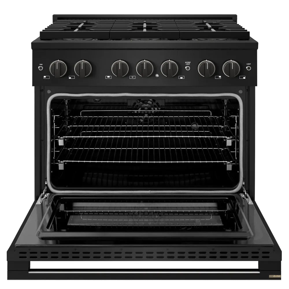ZLINE Marino 36-inch range in black stainless steel PMDRB-36, front view