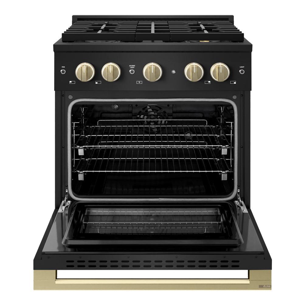 ZLINE Autograph Edition Marino 30-inch range in black stainless steel and champagne bronze accents PMDRBZ-30-CB, front view