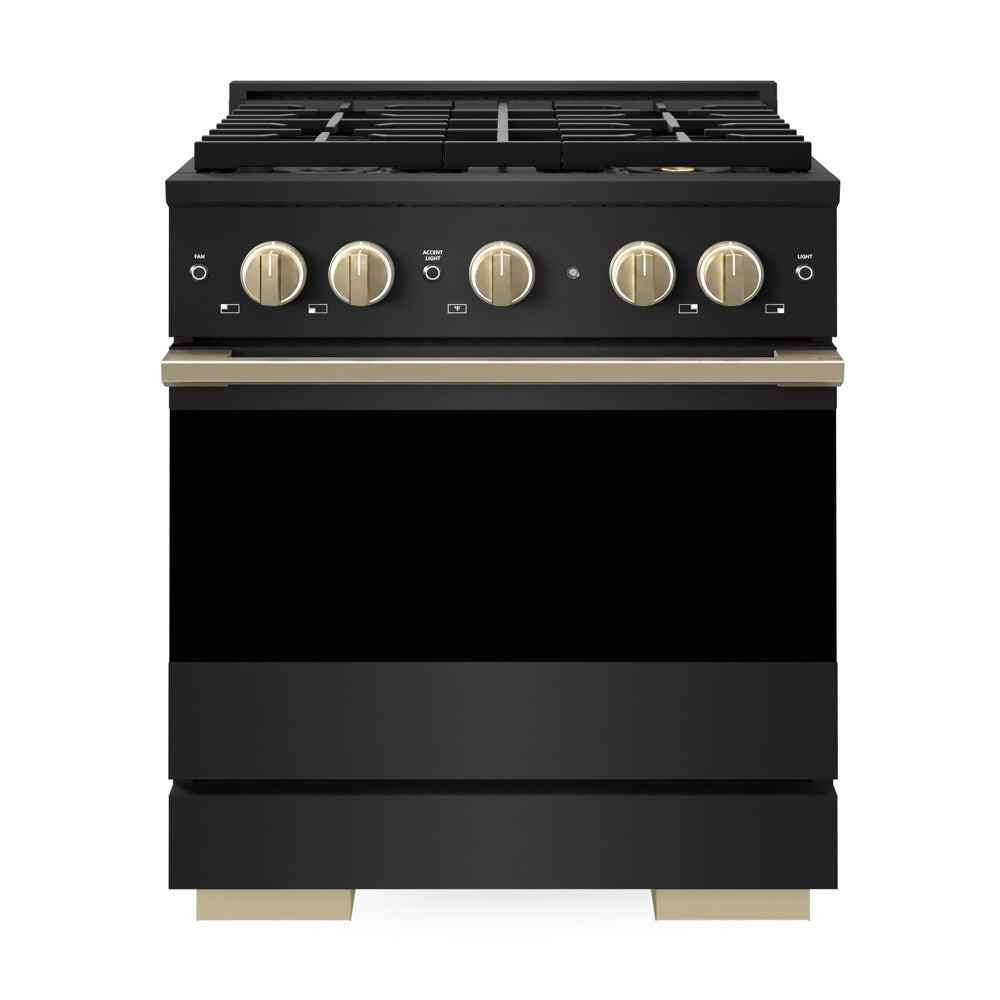 ZLINE Autograph Edition Marino 30-inch range in black stainless steel and champagne bronze accents PMDRBZ-30-CB, front view