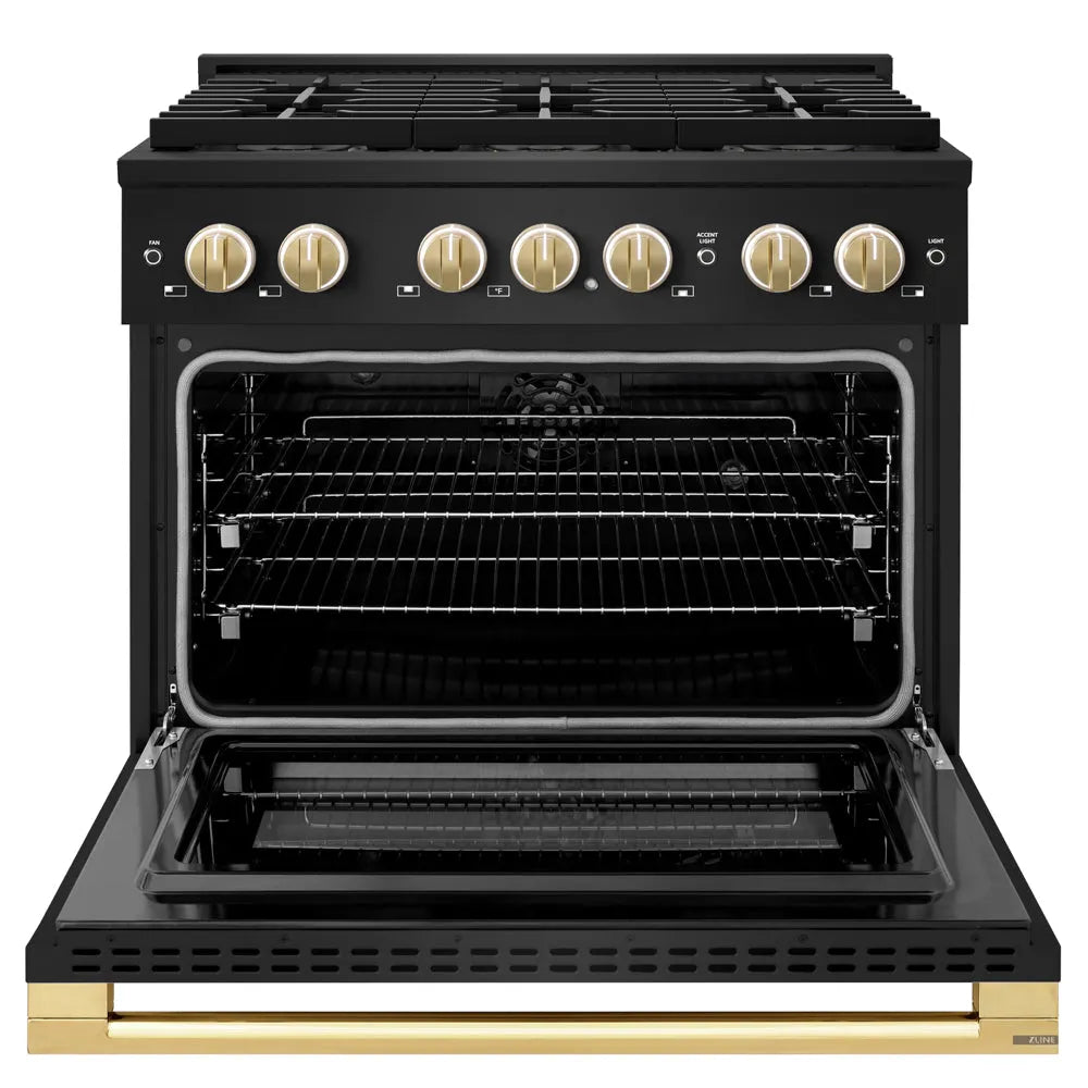 ZLINE Autograph Edition Marino 36-inch range in black stainless steel and polished gold accents PMDRBZ-36-G, front view