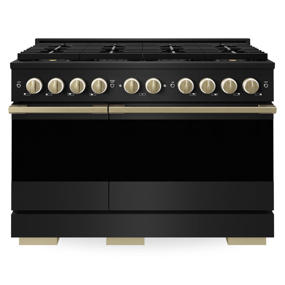 ZLINE Autograph Edition Marino 48-inch range in black stainless steel and champagne bronze accents PMDRBZ-48-CB, front view