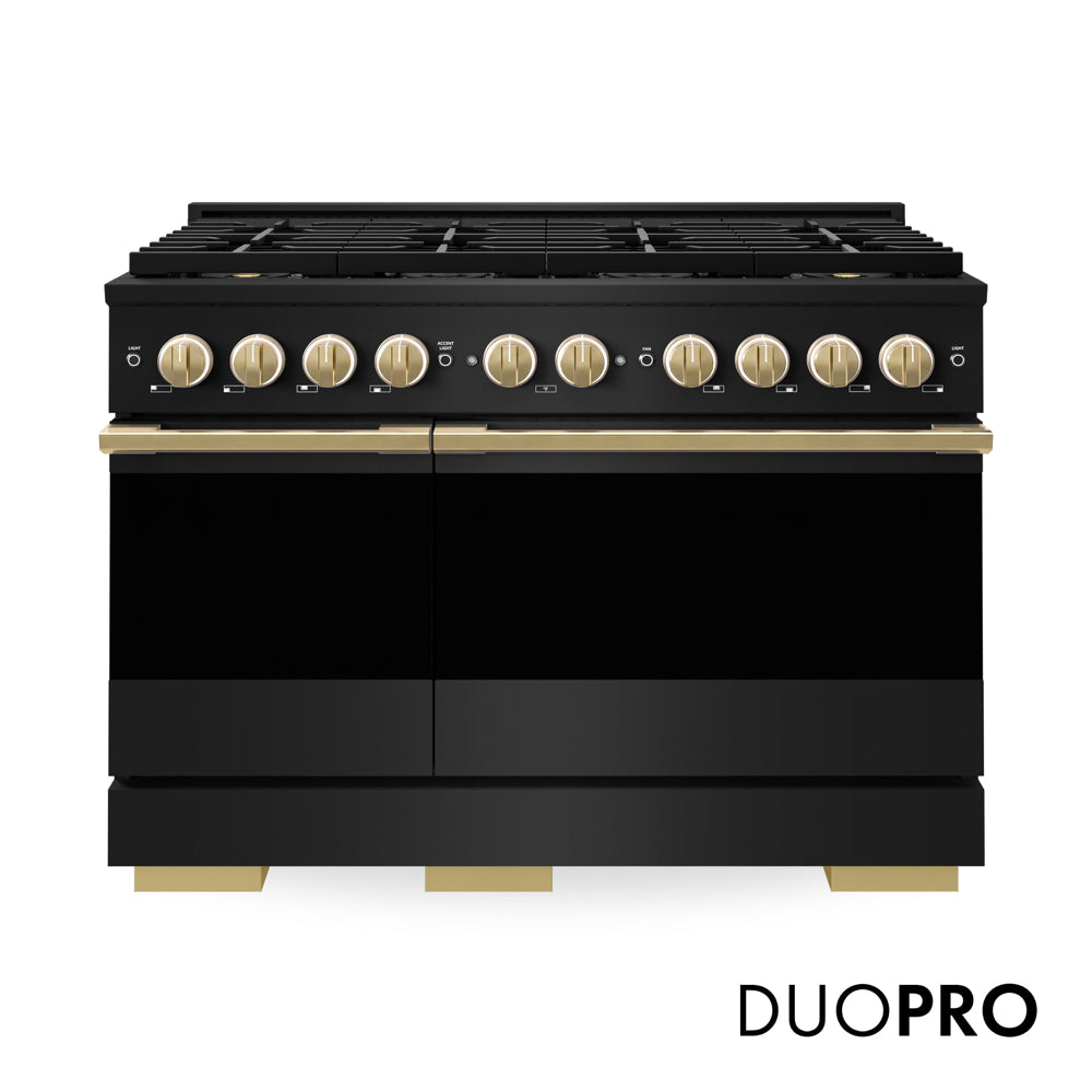 ZLINE Autograph Edition Marino 48-inch range in black stainless steel and polished gold accents PMDRBZ-48-G