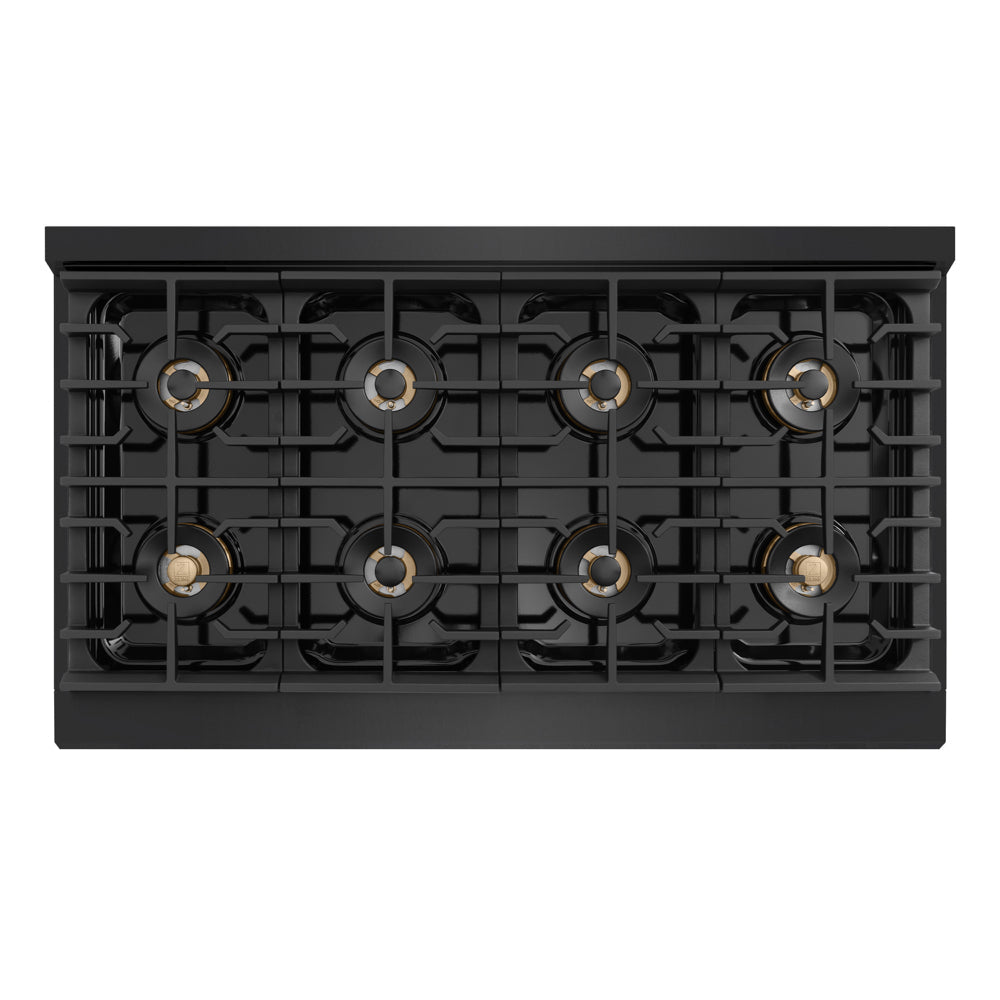 ZLINE Autograph Edition Marino 48-inch range in black stainless steel and polished gold accents PMDRBZ-48-G, from above