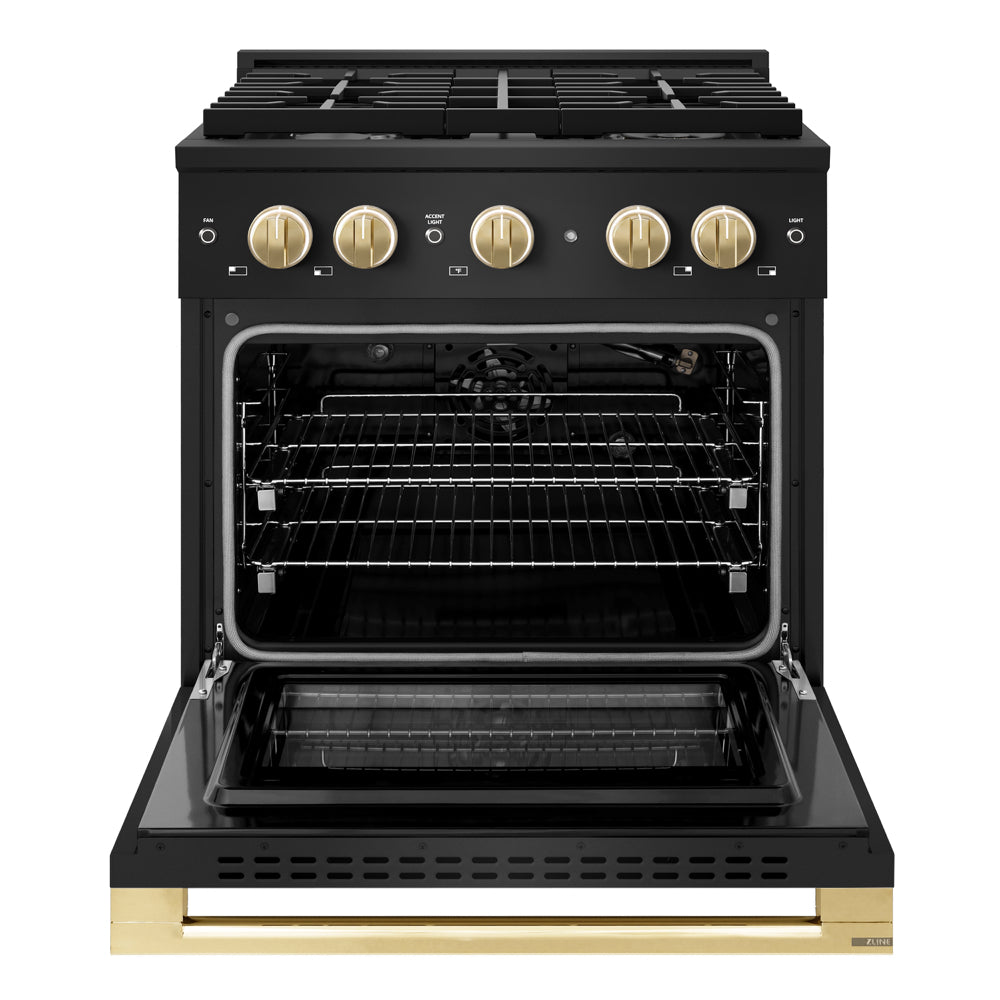 ZLINE Autograph Edition Marino 30-inch range in black stainless steel and polished gold accents MGRBZ-30-G, front view