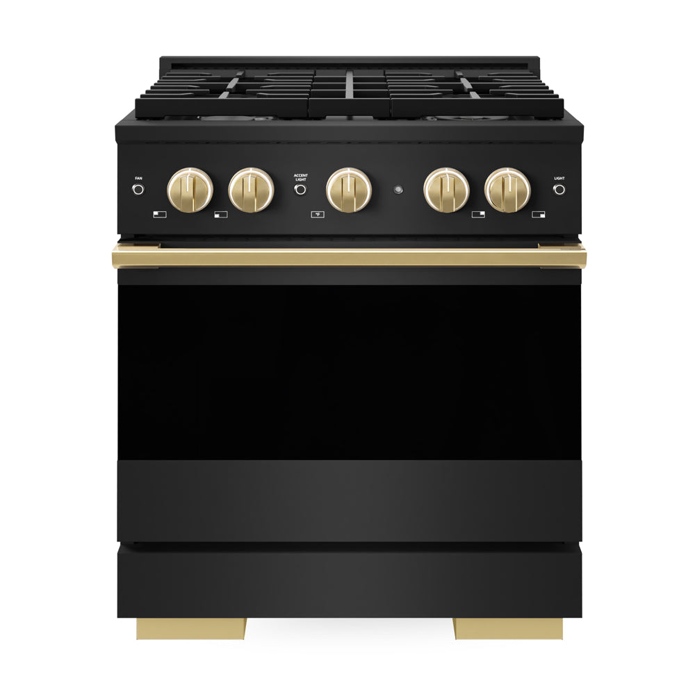 ZLINE Autograph Edition Marino 30-inch range in black stainless steel and polished gold accents MGRBZ-30-G, front view